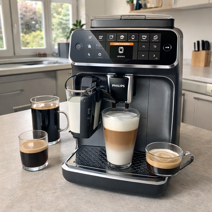 Philips 4300 Fully Automatic Espresso Machine – LatteGo Milk System, 8 Coffee Specialties, Touchscreen Display, Black